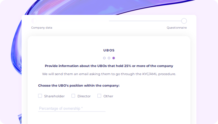 To add UBO data, select a position (stockholder, director, or other) and enter the percentage of ownership held by the UBO within the company, and then enter the details.