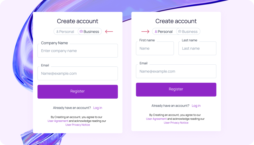 Users can choose between creating an individual or business account, with the business option default. For onboarding for individuals, refer to the "Onboarding for Individuals" section.