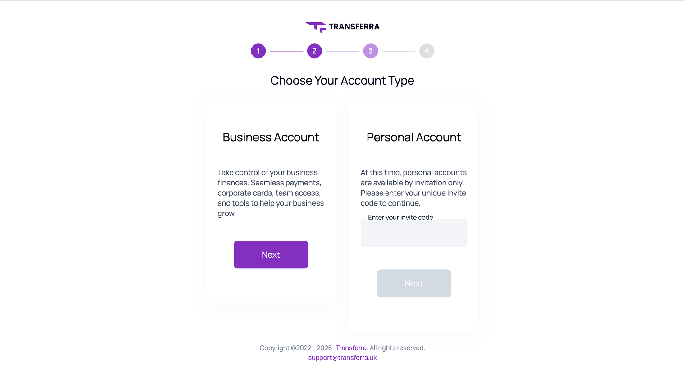 Users can choose between creating an individual or business account, with the business option default. For onboarding for individuals, refer to the "Onboarding for Individuals" section.