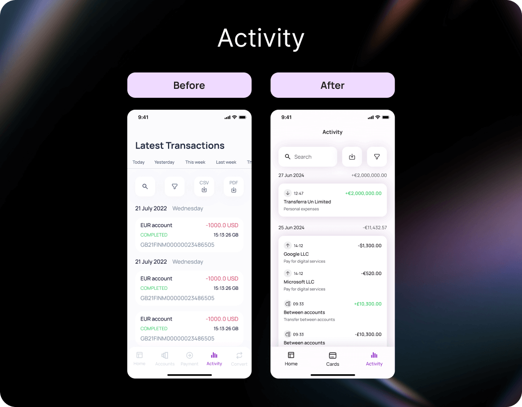 The Activity interface features an advanced UX, allowing users to easily navigate spending, search for specific transactions, distinguish between income and expenses, and reduce eye strain.