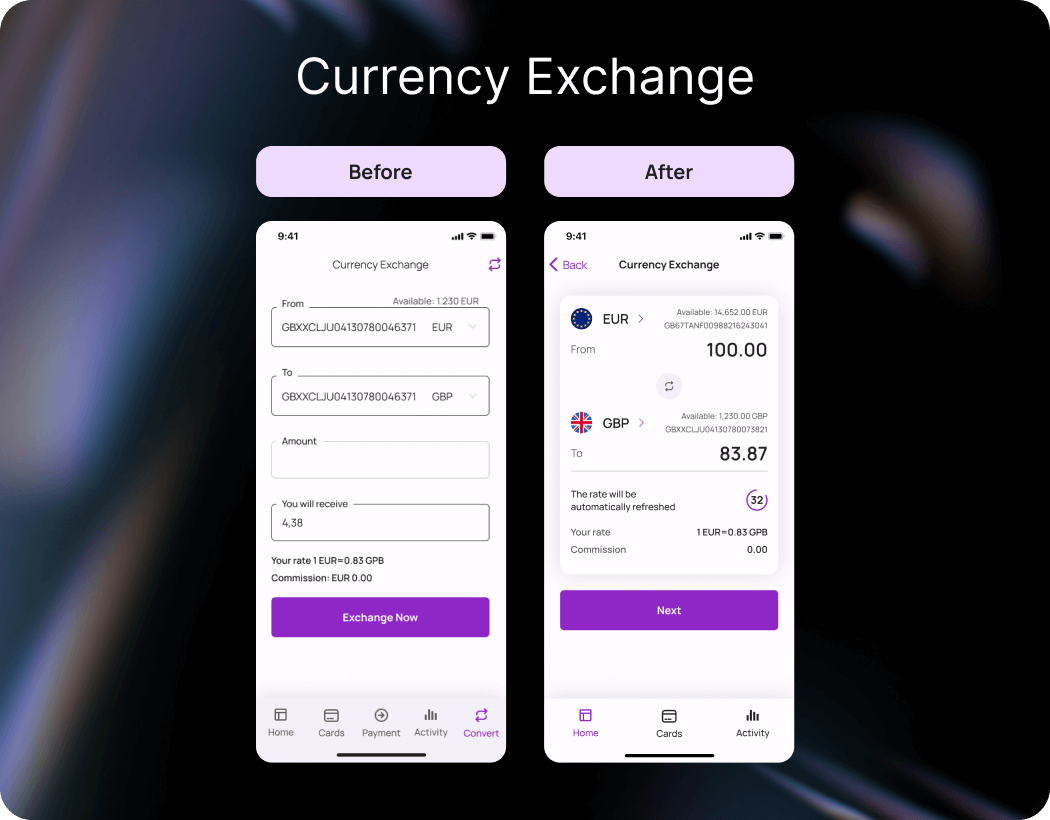 The updated Currency exchange interface divides key information into sections, enhancing comprehension of currency transactions. It features color and size highlights, and currency symbols for easy identification, making the experience more pleasant.