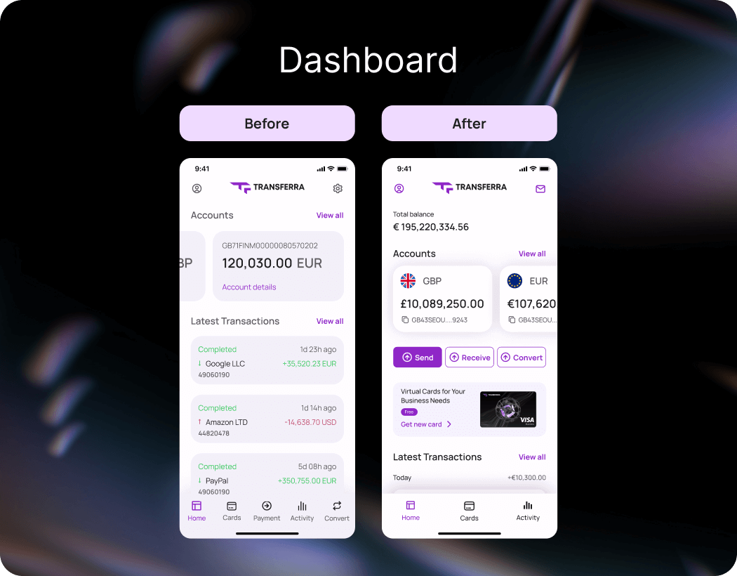 The Transferra iOS app dashboard screen provides quick and convenient access to account information and payment transactions, with an intuitive navigation system and currency-specific sections for a better user experience.