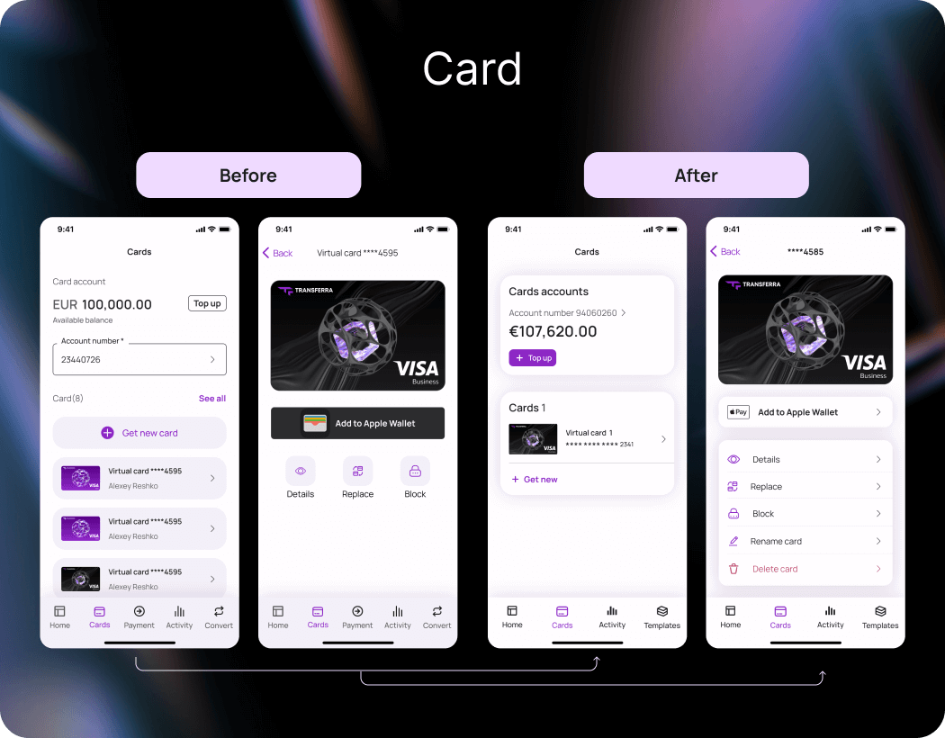 The updated Virtual cards interface has improved accessibility and functionality, with buttons like "Details", "Replace", "Block", and "Delete" now more visible and accessible. The "Rename card" option is also useful for identifying cards.