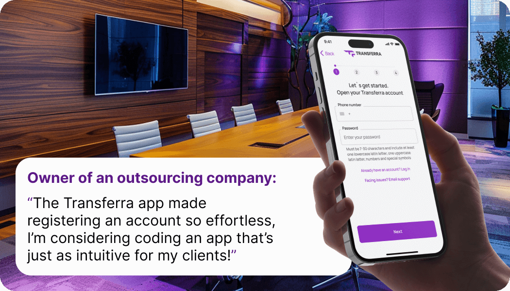 The Transferra iOS app offers a user-friendly sign-up and log-in process, reducing overwhelm for an Eastern European outsourcing company owner. They quickly set up an IBAN account, managing client invoicing and tracking financial transactions.