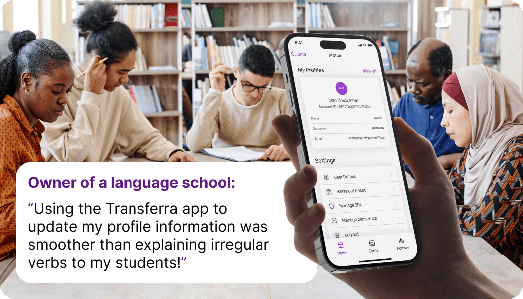 Visual hierarchy improves user experience in managing account details. For instance, a Lithuanian language school owner can update their residency status on their payment app, easily finding essential details and making necessary changes, ensuring smooth financial transactions.