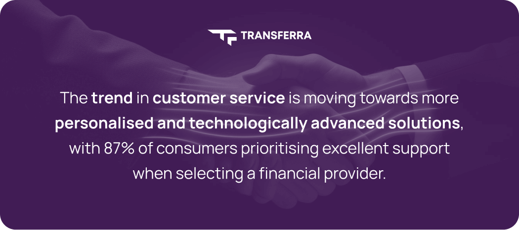 The trend in customer service is moving towards more personalised and technologically advanced solutions, with 87% of consumers prioritising excellent support when selecting a financial provider.