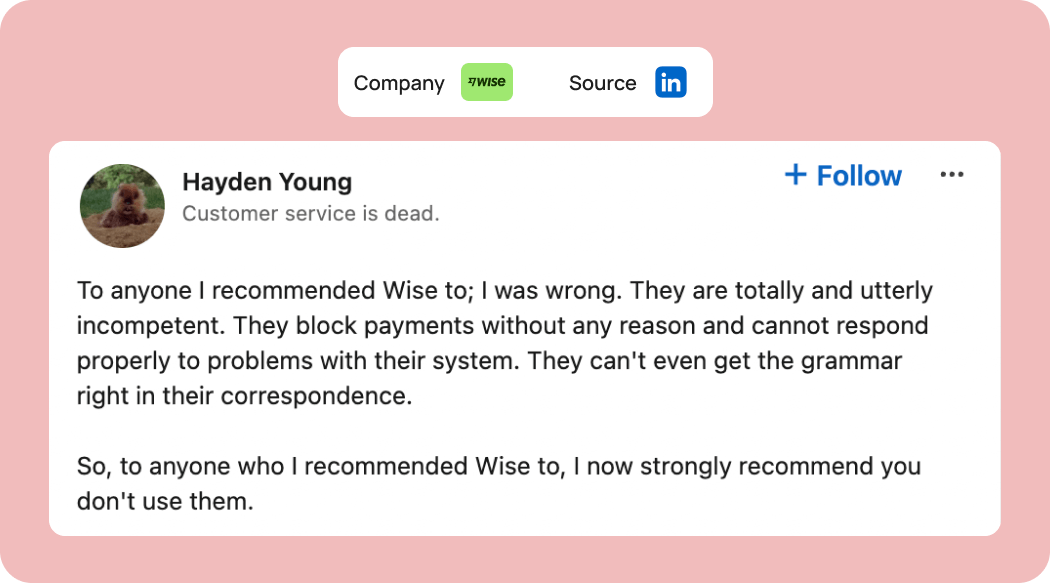 Users criticize Wise for slower transfer times, limitations on large transactions, and inconsistent customer support. Slower transfer times, especially with ACH payments, can be frustrating for businesses in regulated industries. Larger transactions, like property purchases, can be difficult to handle, leading clients to consider traditional bank operations. 